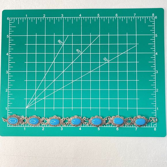 Concha Link Bracelet Blue Enamel Silver Tone Burnished Metal Spring Clasp - Picture 7 of 9